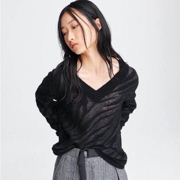 Rag & Bone Germain V Neck Sweater Zebra Stripe Metallic Black Silver Alpaca XS - Picture 3 of 13